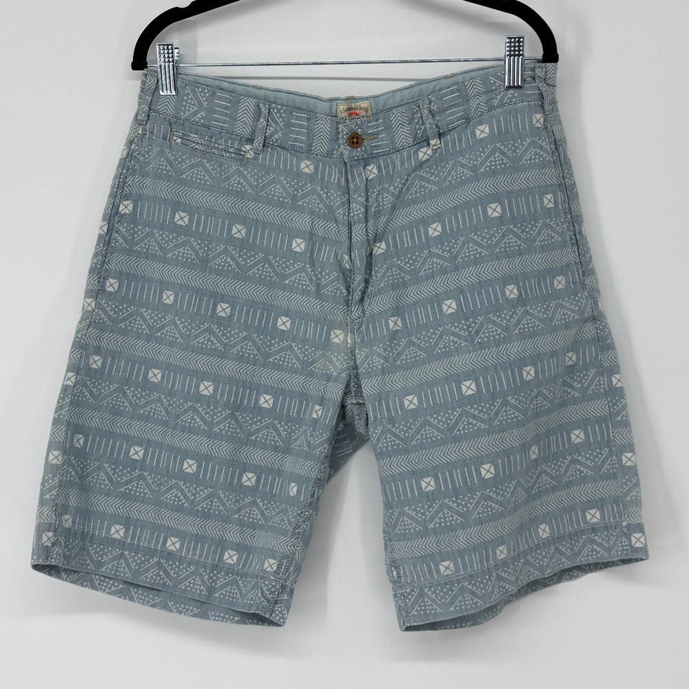 Faherty Brand Mens Natural Indigo Dyed Geometric Tribal Print Cotton Shorts 34